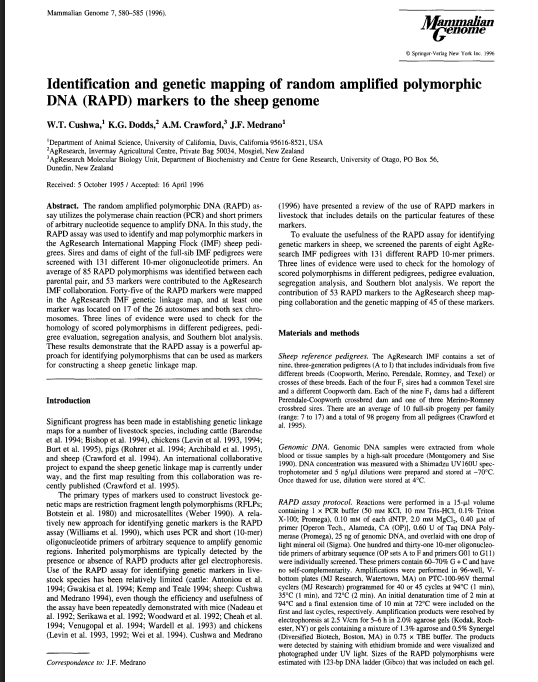 Identification and genetic mapping of random amplified polymorphic DNA (RAPD) markers to the sheep genome